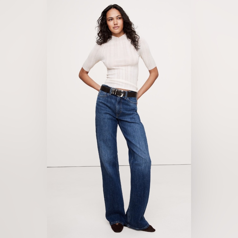 NWT BANANA REPUBLIC Ribbed Merino Mock-Neck Elbow-Sleeve Sweater CREAM SZ L